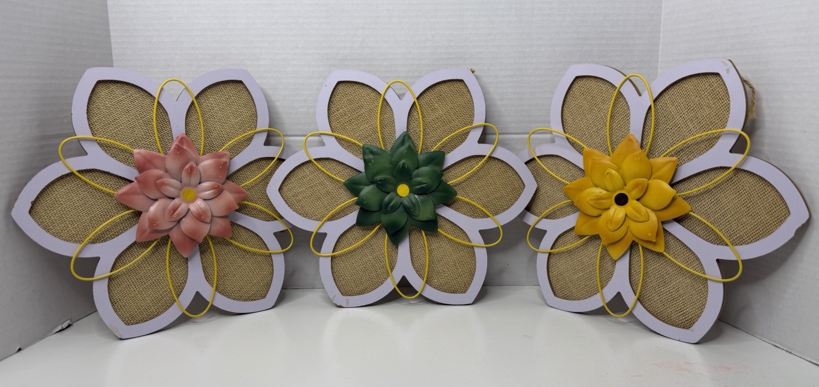 3 Wood Burlap & Metal 3D Flowers Decor Hanging 12” Wall Home Decor Wall Hanger