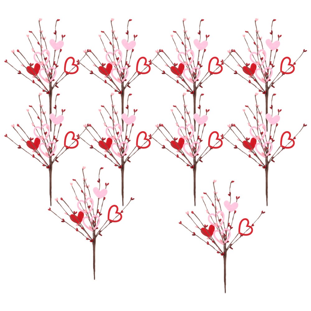 10Pcs Romantic Heart Shaped Artificial Berry Stem Picks for Valentine Decor