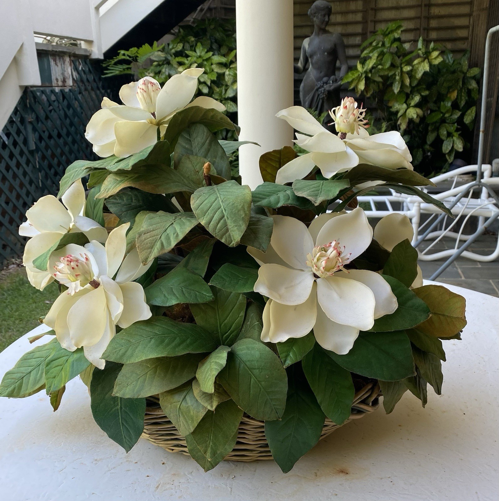 NDI Arrangement Large Basket Of Magnolias Vintage Approx 24”X20” Very Realistic
