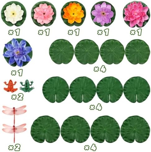 22 Pack Artificial Floating Foam Lotus Flowers with Artificial Frog Lotus Leaves
