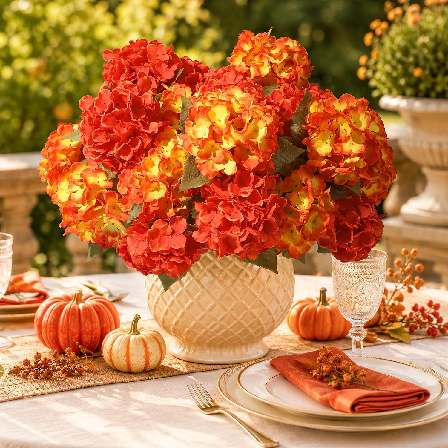 Artificial Flowers for Outdoors, 4 PCS Fall Fake Silk Hydrangea Flower Stems for