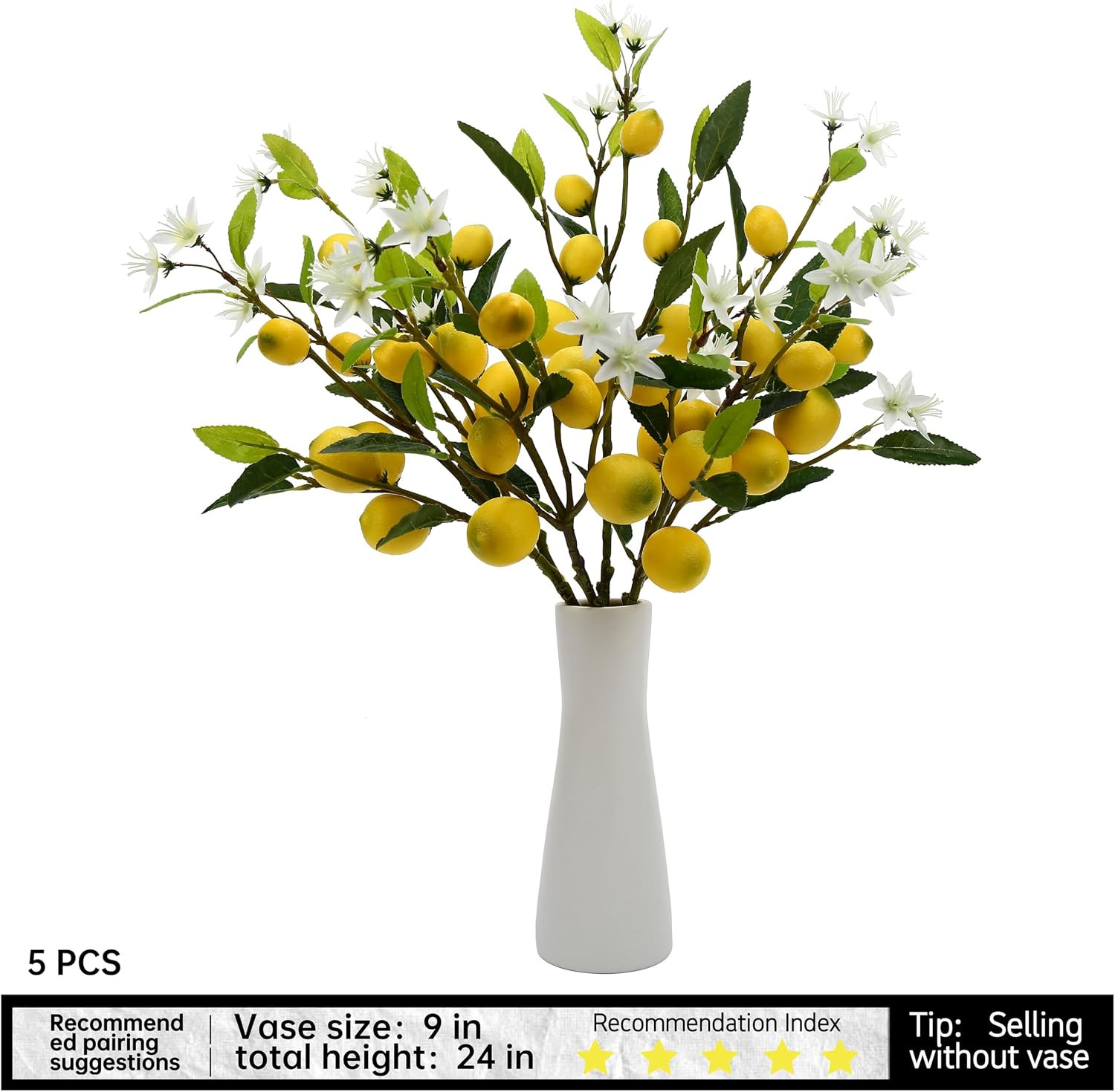 Lifelike 5Pcs Artificial Lemon Flowers, 24 Inch – Perfect for Home & Office Deco