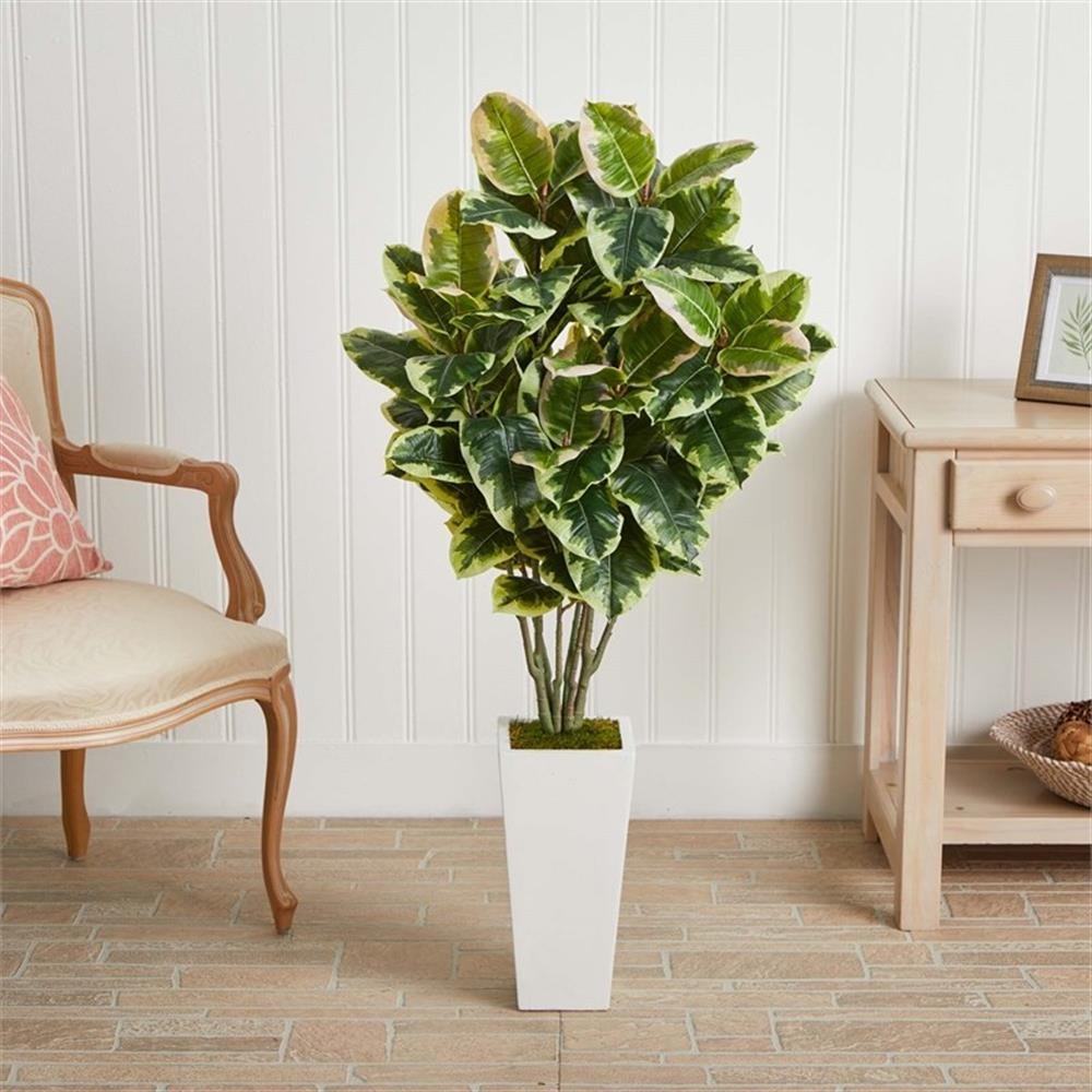 Pemberly Row Variegated Rubber Leaf Artificial Plant in White Tower Vase