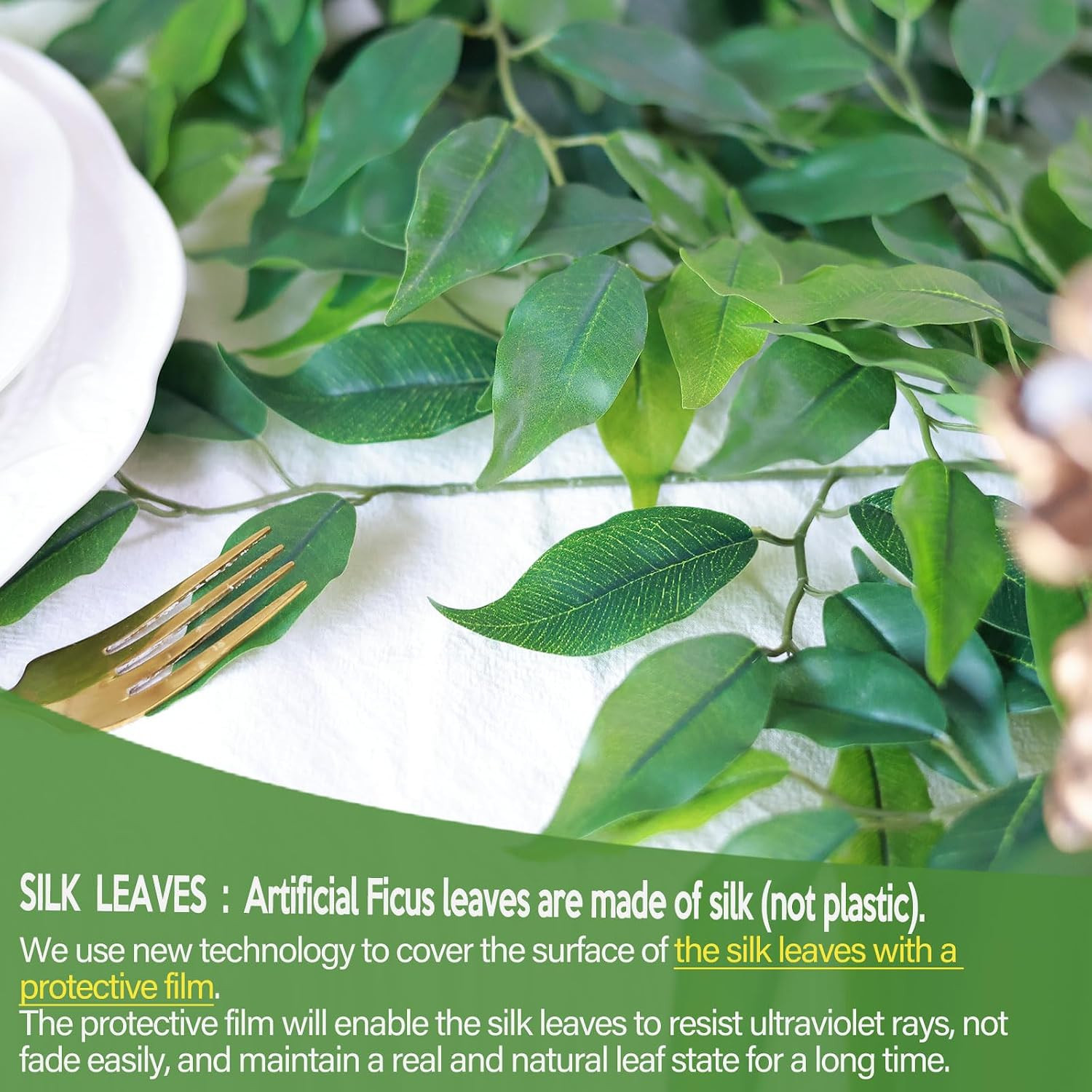 24Pcs Artificial Greenery Stems Silk Green Leaves Fake 23In Ficus Garland Spray