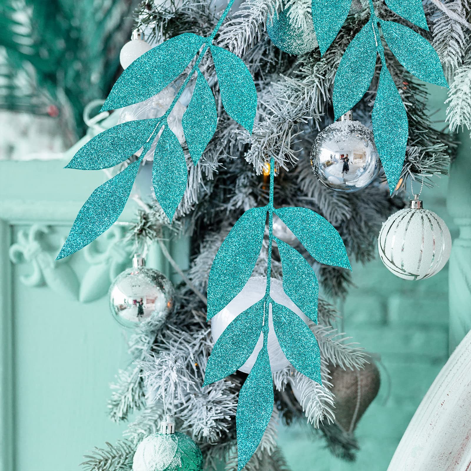 20 PCS Teal Glitter Bay Leaf Sprays Artificial Christmas Tree Picks 12.7 Inch
