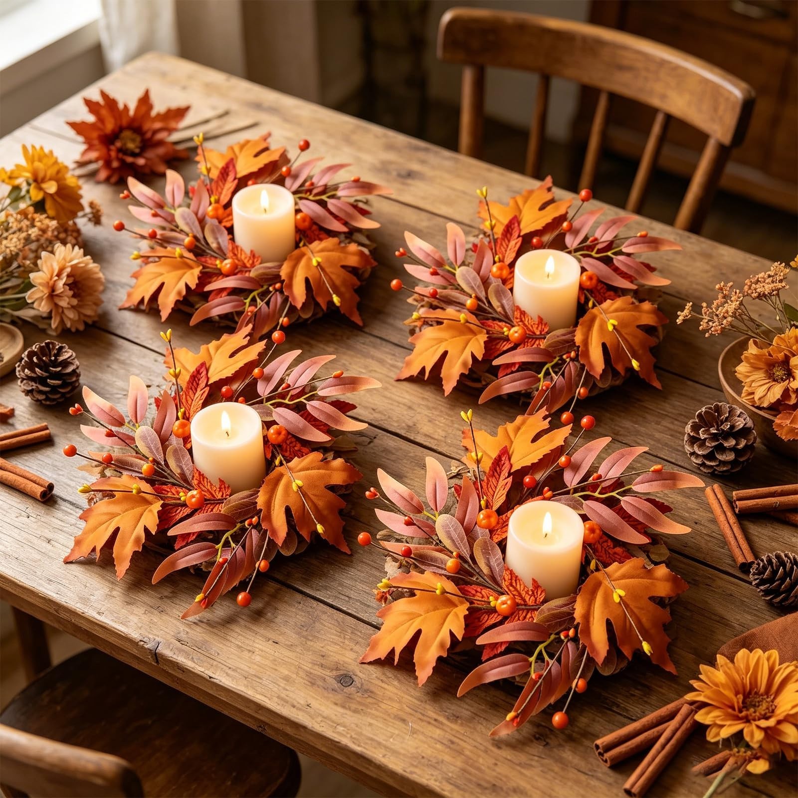 4 Pcs Mini Fall Wreaths – 9″ Maple Leaf Candle Rings, Autumn Centerpieces for Ho