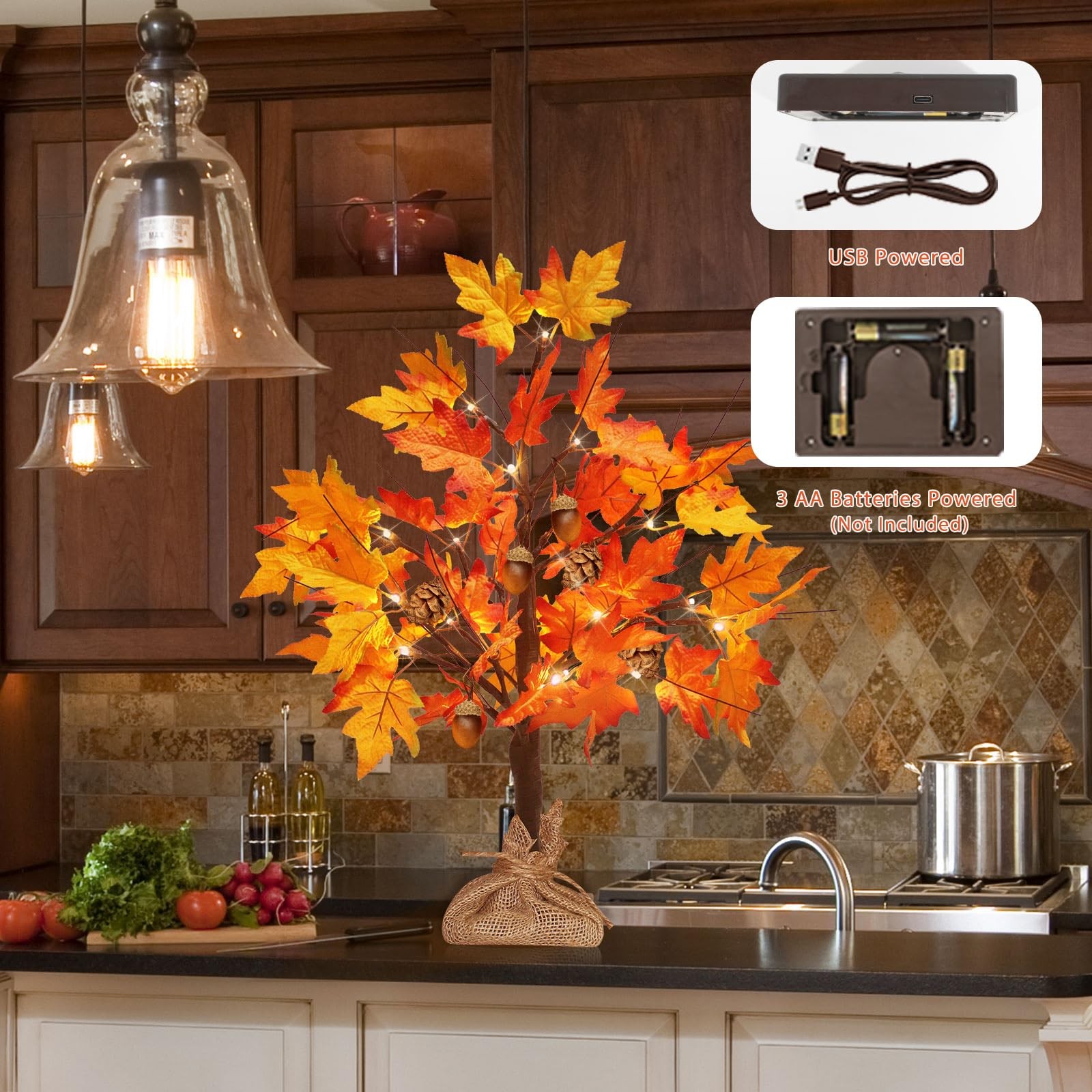 2FT 24 LED Fall Tree Lights USB/Battery Powered Lighted Maple 48 Leaves