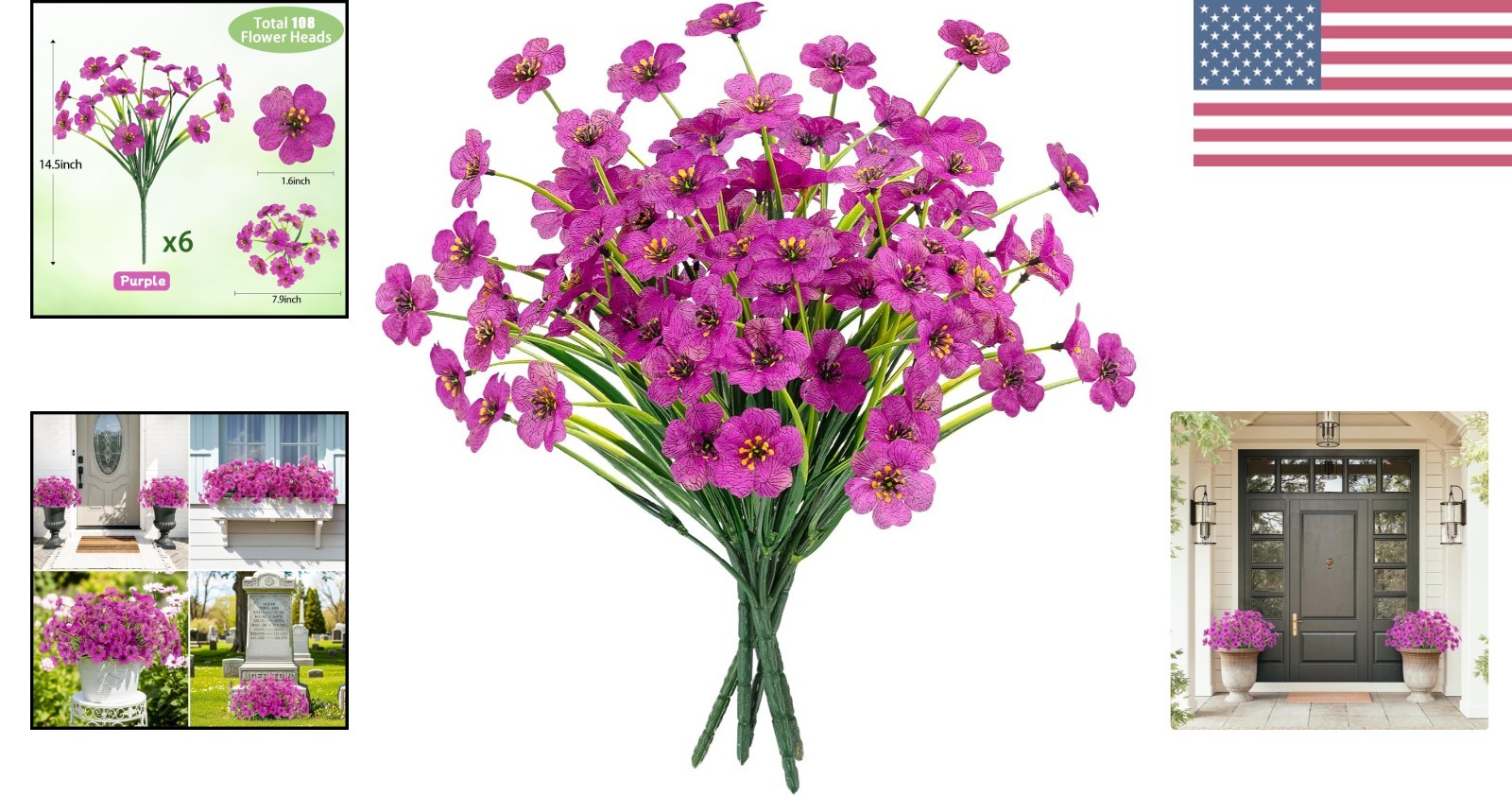 Lifelike Purple Faux Flowers – Maintenance-Free 6 Pack for Garden and Home Decor