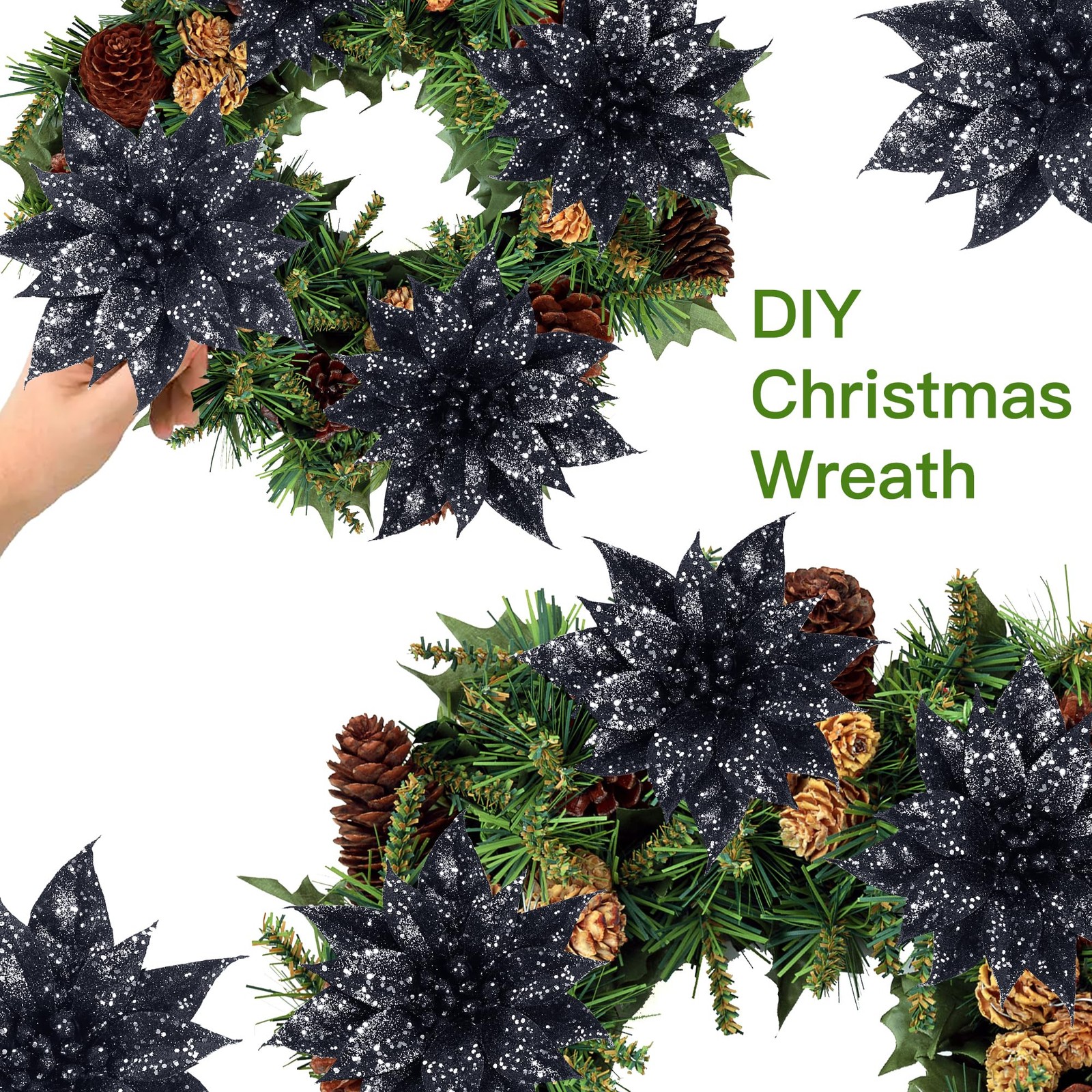 15 PCS Black Halloween Christmas Glitter Artificial Poinsettia Flowers Clip