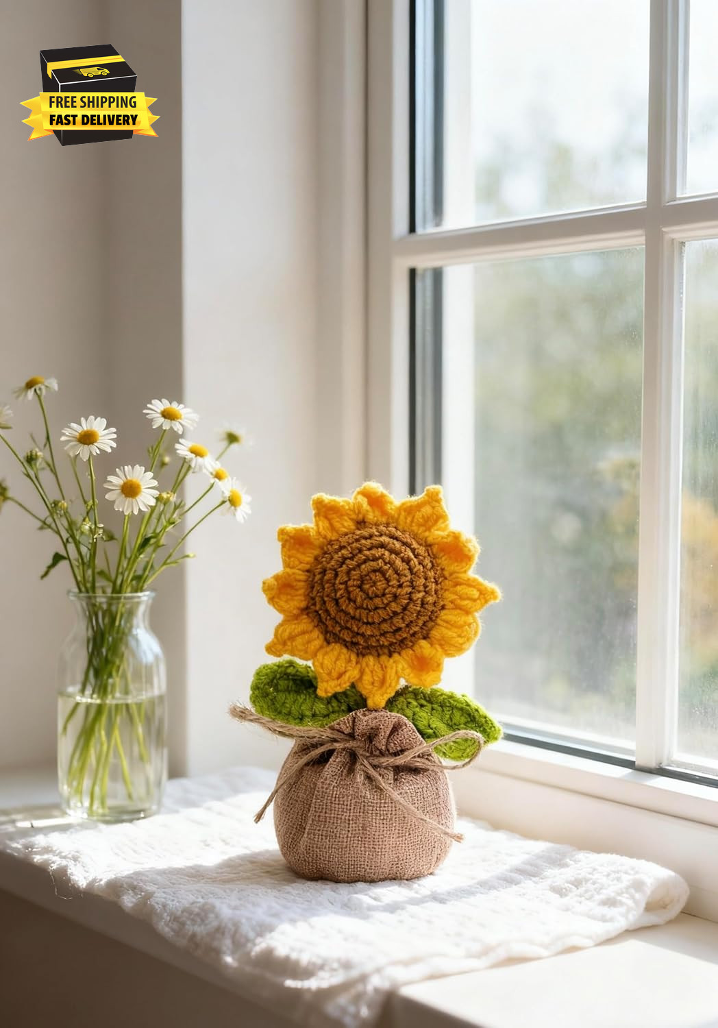 Crochet Sun Flowers Potted Flower, Handmade Knitted Sun Flores Birthday Gifts fo