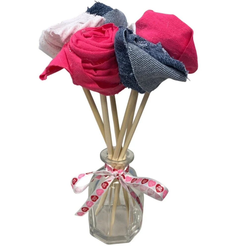 Handmade Upcycled Denim TShirt Sustainable Birthday Gift 6 Rose Bouquet w Vase