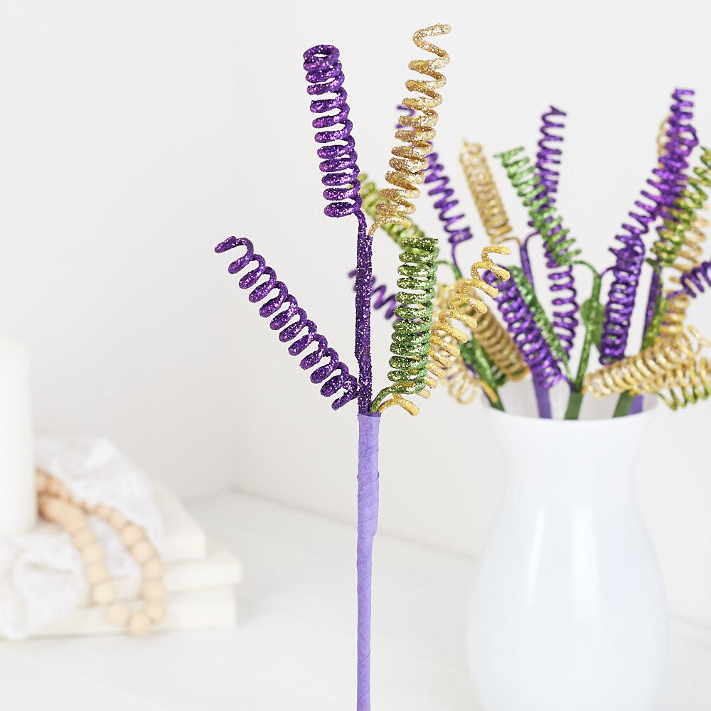 Set of 6 Decorative Mardi Gras Glitter Curly Spring Spray 16″ Stems