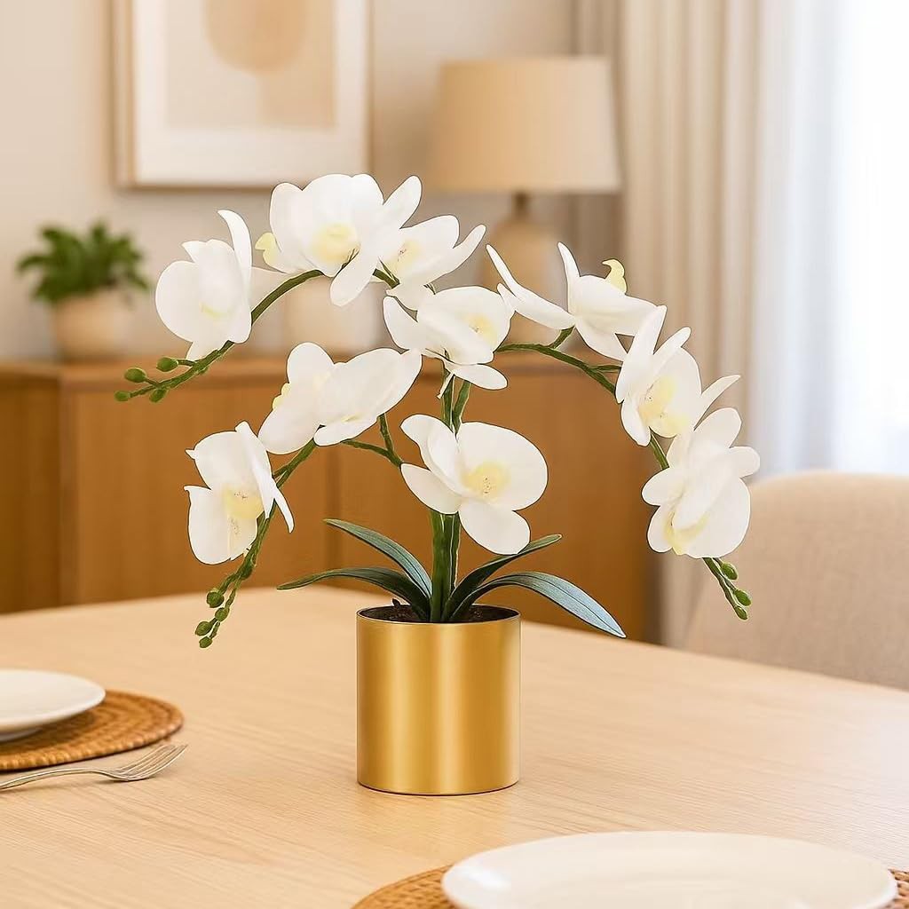 Artificial White Orchid Flowers Real Touch Faux Arrangement Gold Vase Decor