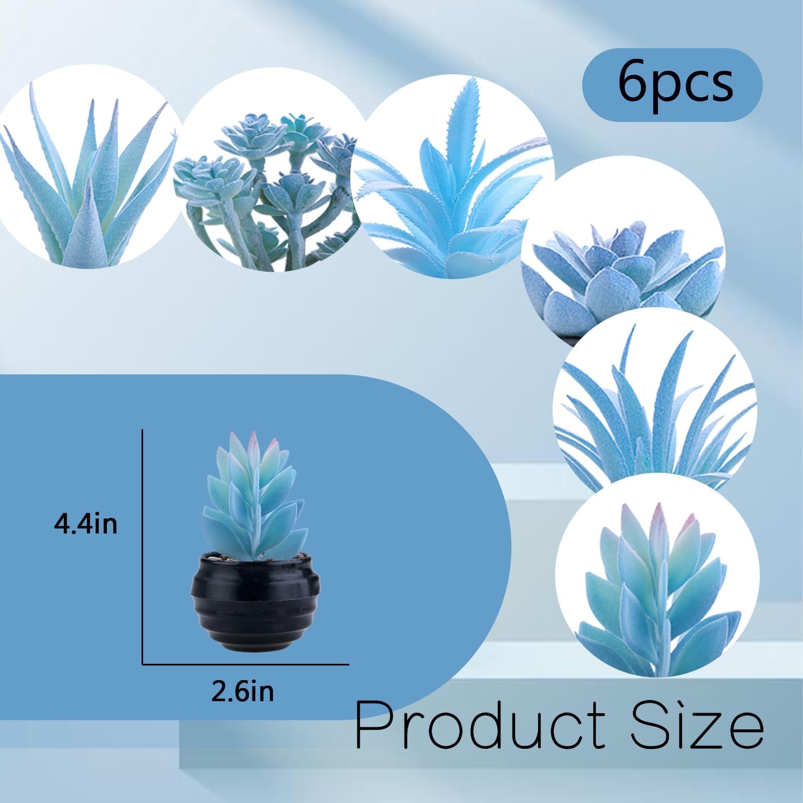 6 Blue Artificial Succulents in Mini Black Pots, Faux Indoor Desk & Home Decor