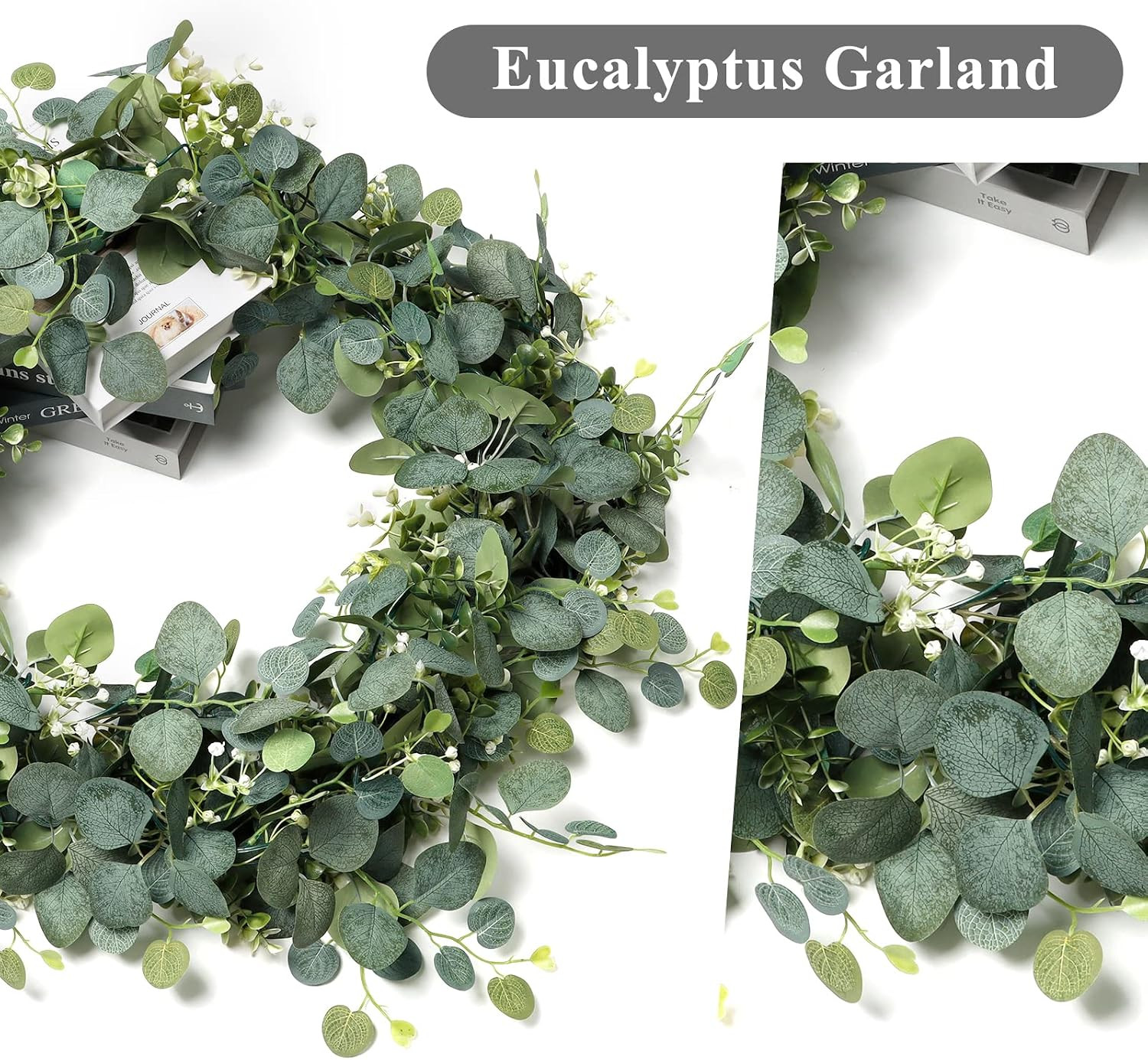 4 PCS Faux Eucalyptus Garland 5.9FT with White Flowers for Home & Wedding Decor