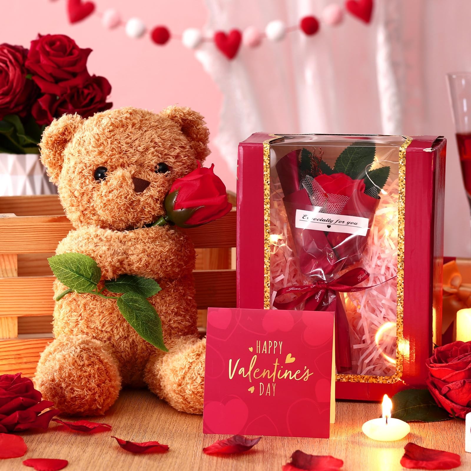 Valentine’s Day Gift Set Plush Stuffed Animal Bear with Rose Card and Box Red