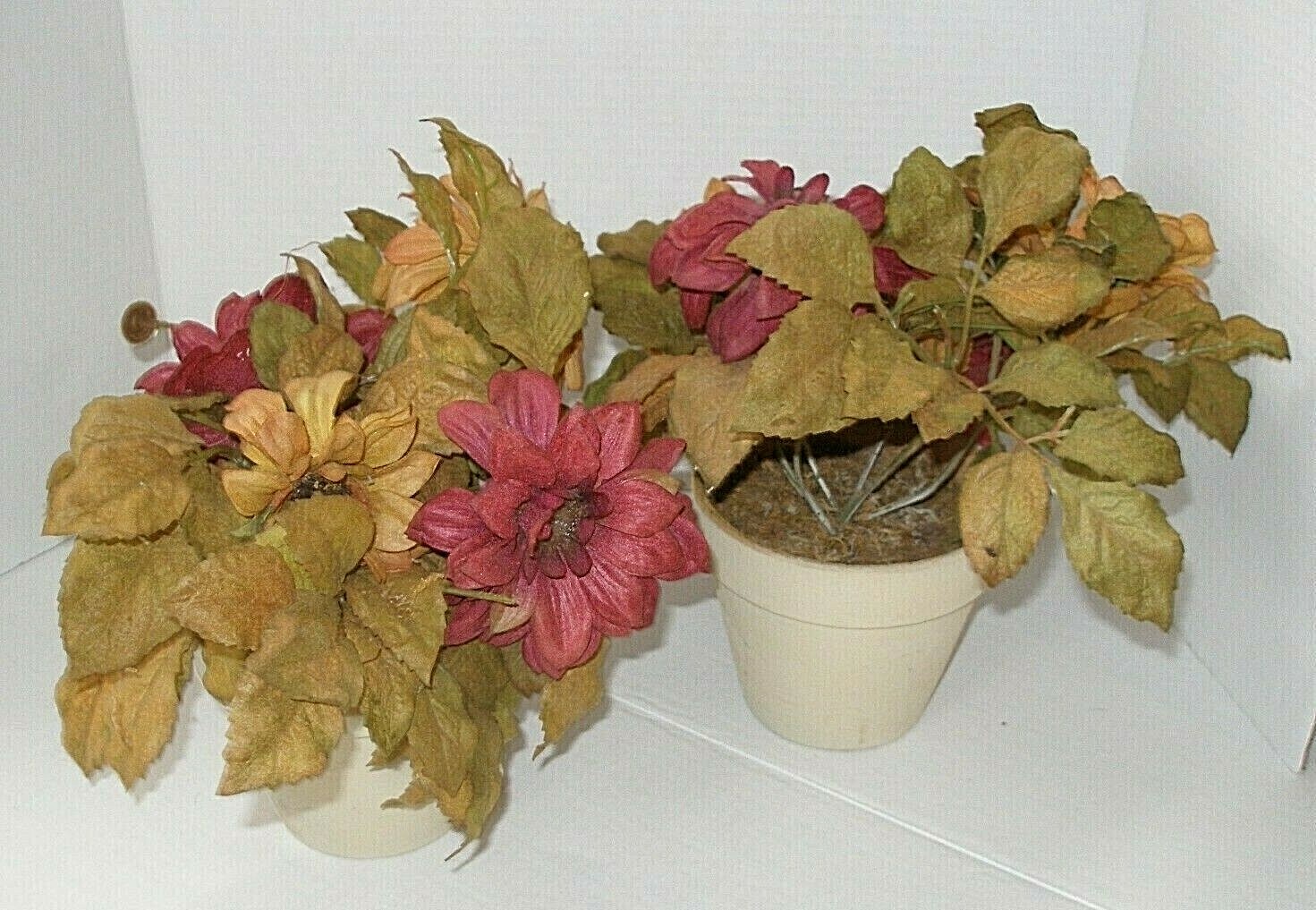 Pailr of Planters with Silk Flower Arrangements Fall Colors Burgundy Mustard New