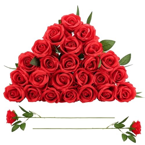 24 Pcs Rose Artificial Flowers with Long Stem Real Touch Silk Plastic Red