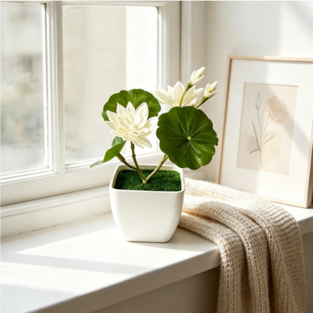 Soft Rubber Artificial Lotus Flower in Pot for Indoor Outdoor Decor Use