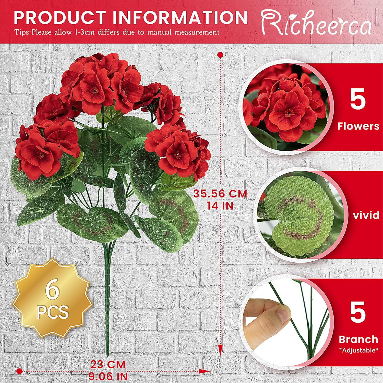 6 PCS 14″ Artificial Geranium Flowers for Outdoors, Realistic Artificial Flowers