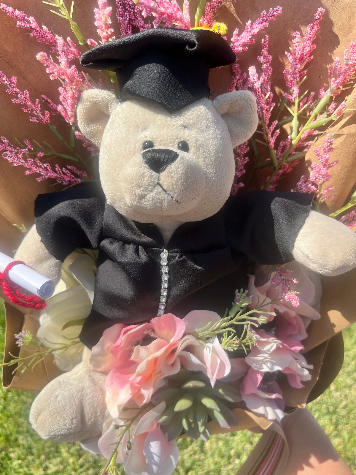 Hand Made Graduation Plush Bear Pink Artificial Flower Bouquet & Matching Ribbon