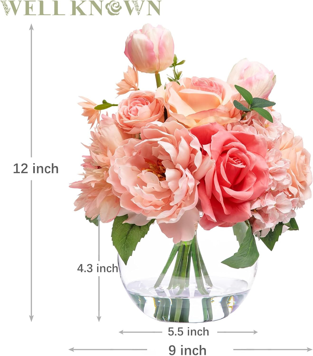 Peach Pink Silk Flower Bouquet in Vase with Fake Water for Home Decor