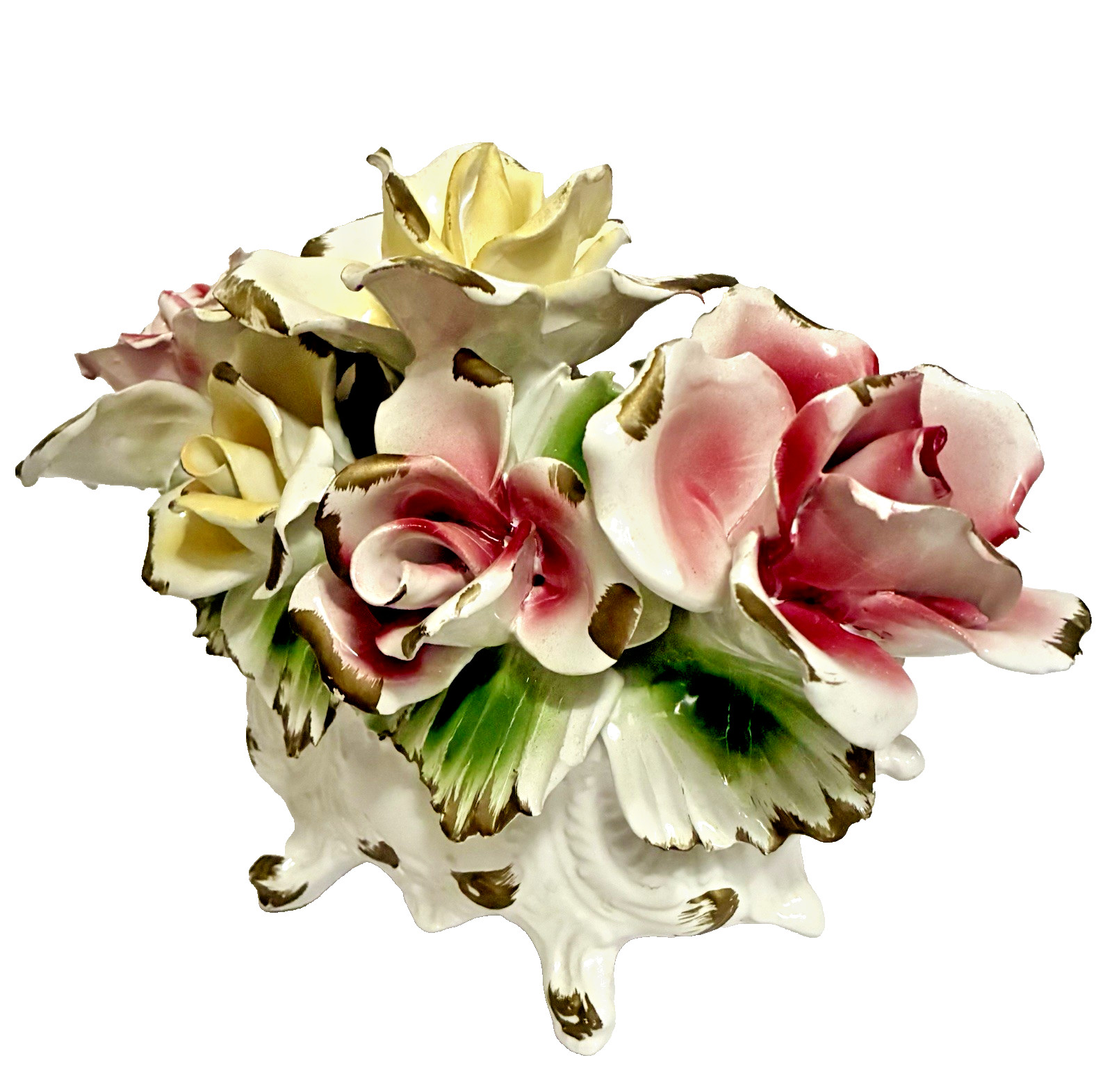 Vintage Capodimonte Italian Porcelain Pink and Yellow Seven Rose Centerpiece