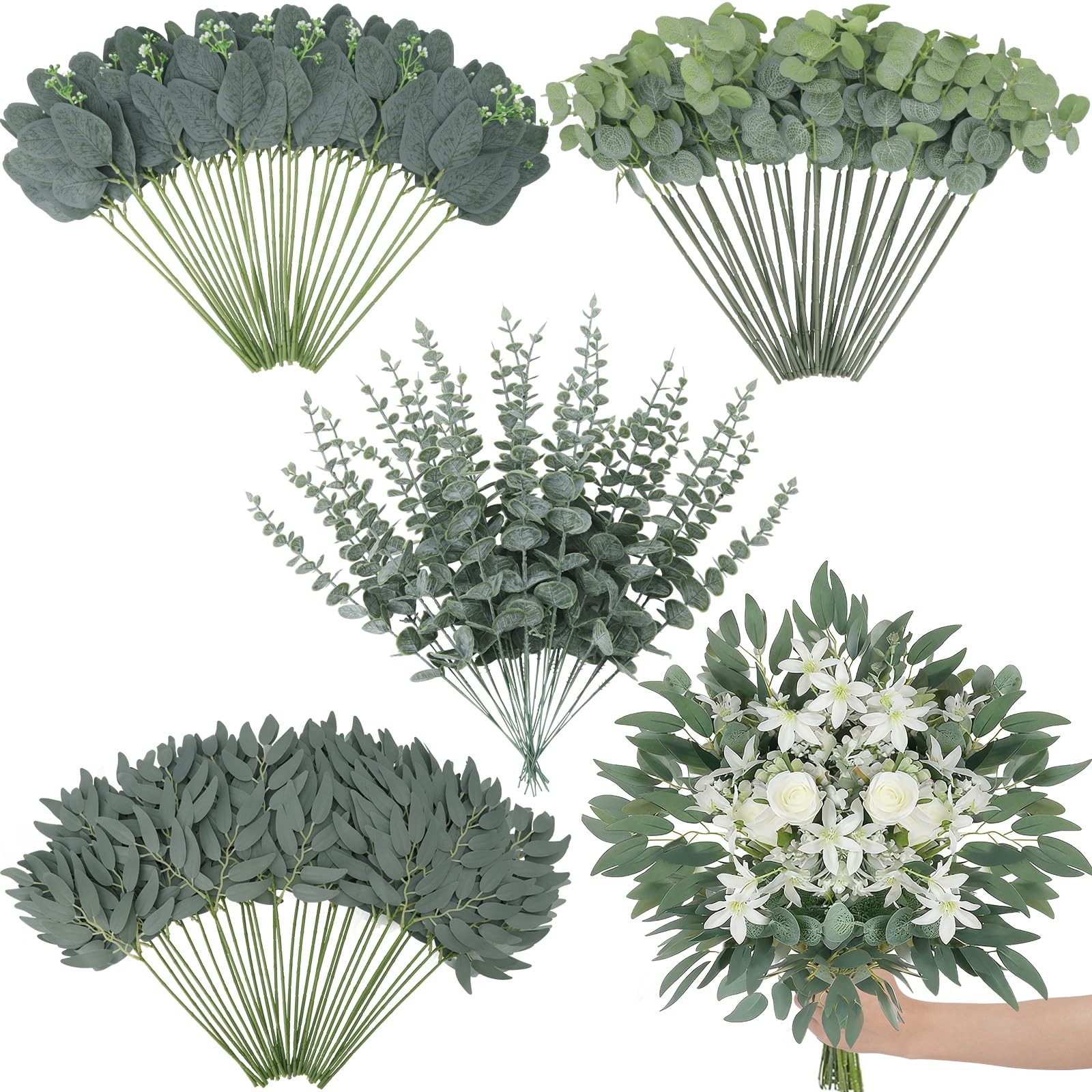 120 Pcs Artificial Eucalyptus Stems, 4 Kinds Mixed Faux Greenery Stems Fake S…