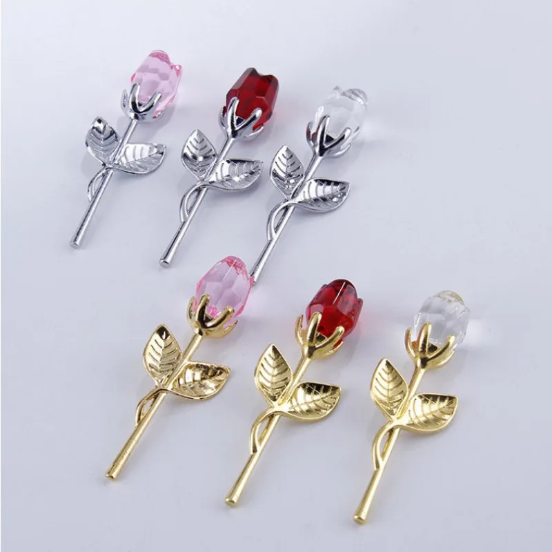 Valentines Day Gift Crystal Glass Rose Artificial Flower Silver Gold Rod Rose