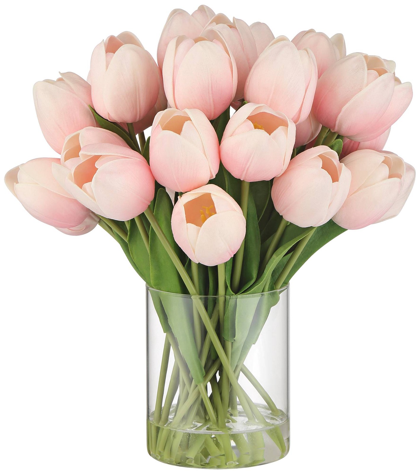 Emmie Pink Tulips 12″ High Faux Flower in Clear Glass Vase