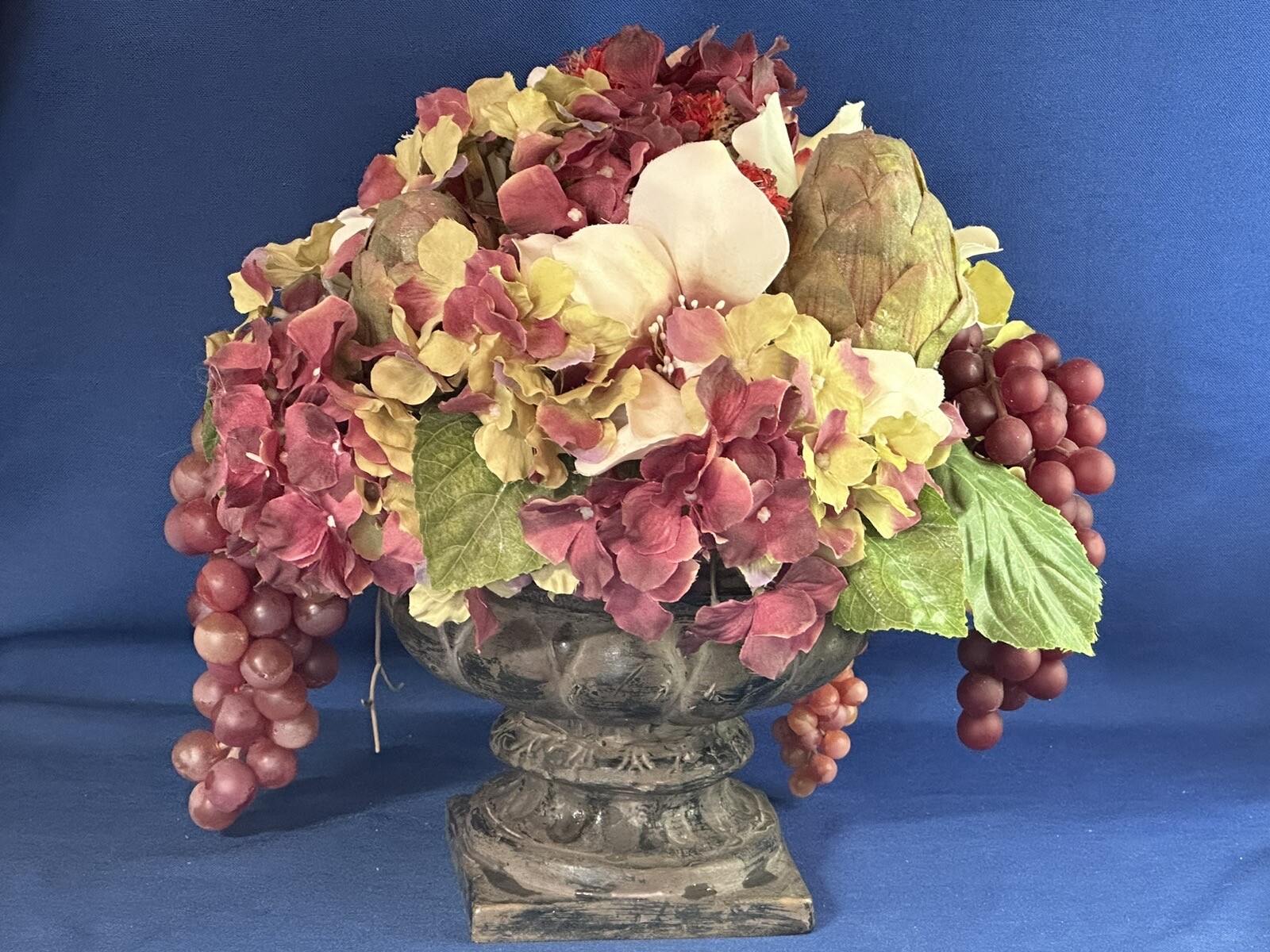 Large Arrangement of Faux Fruits and Flowers Centerpiece in Urn ~ 12.5 h x 13″ w