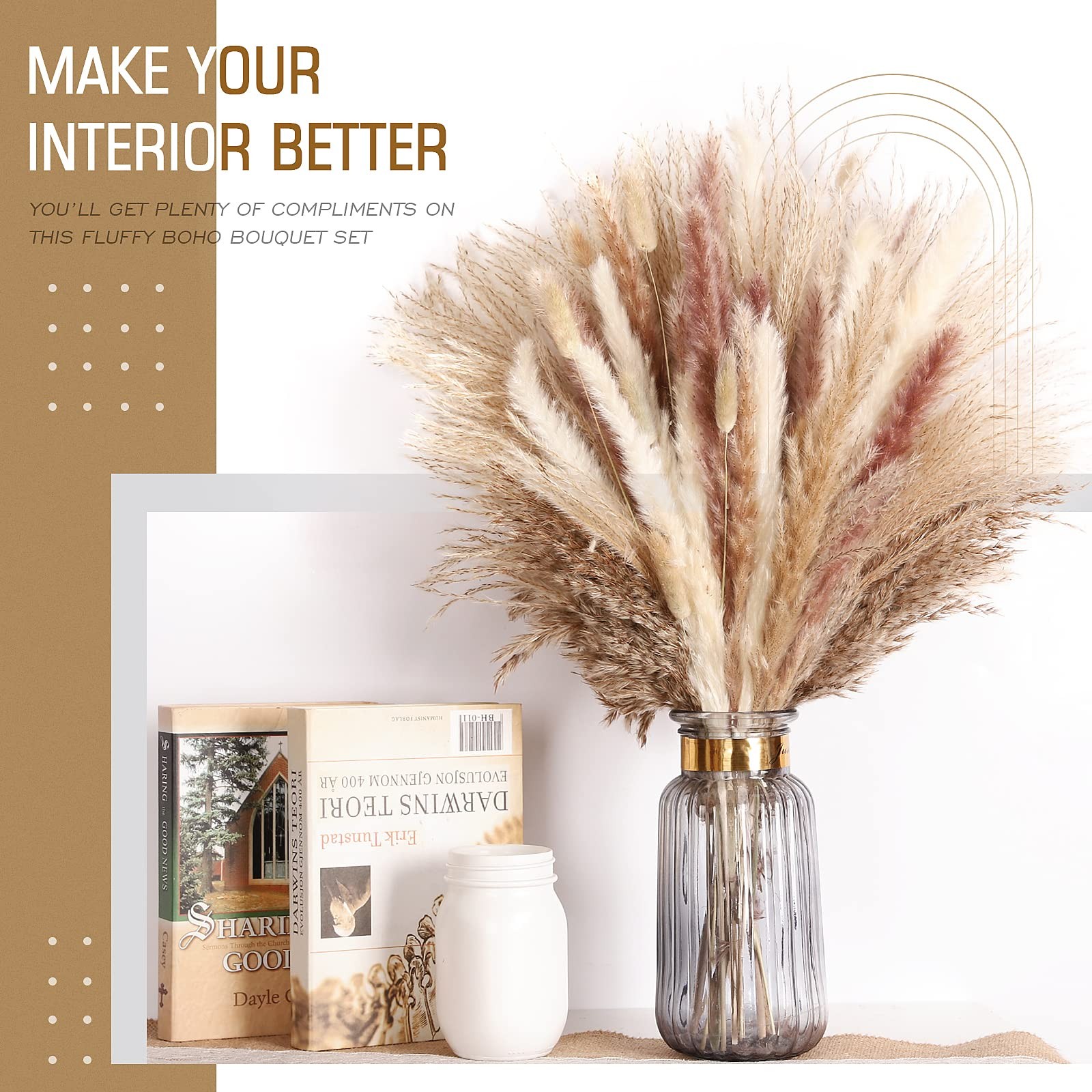 N&T NETING Dried Pampas Grass Decor- White Grass, Brown 75PCS,