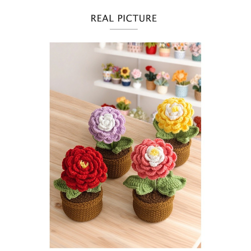 Crochet Peony Artificial Flower in Pot Handmade 17cm Milk Cotton Piece