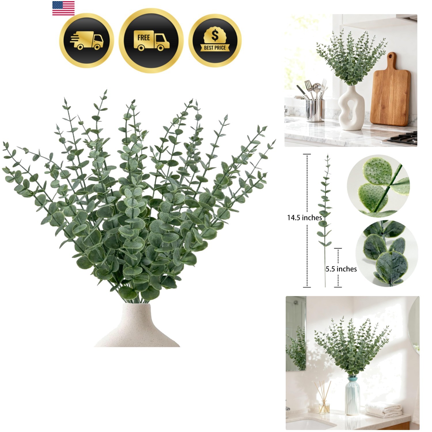 25Pcs Artificial Eucalyptus Stems, Realistic Fake Eucalyptus Branches for Hom…