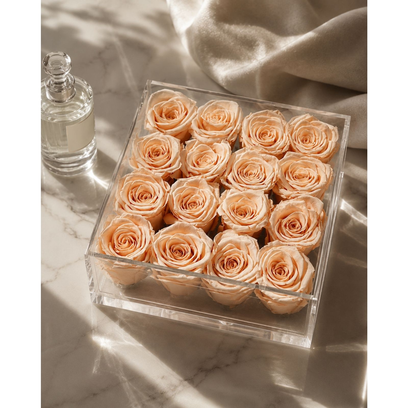 16 Preserved Blush Peach Roses in Clear Acrylic Box Luxury Floral Arrangement