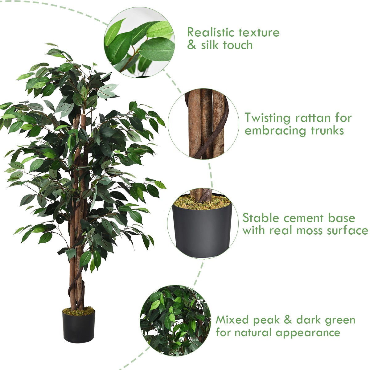 Costway 4 Feet Artificial Ficus Silk Tree Wood Trunks Green In/Patio Home Decor