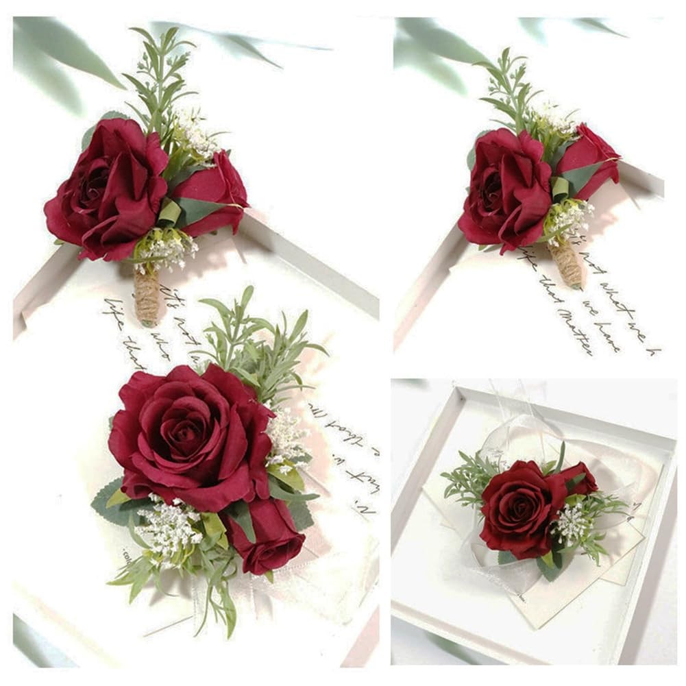 Burgundy 2 PCS Wrist Corsage and Boutonniere Set Artificial Rose Groom