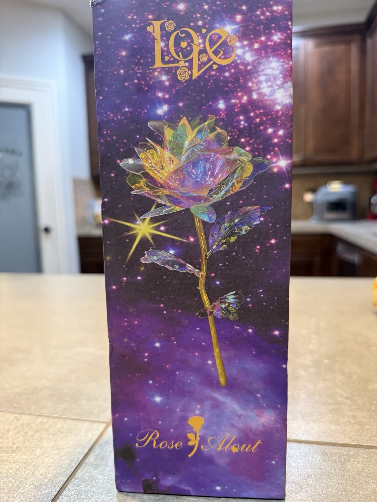 Galaxy Gold Rose with “Love” Stand – Holographic 24K Foil Rose Gift
