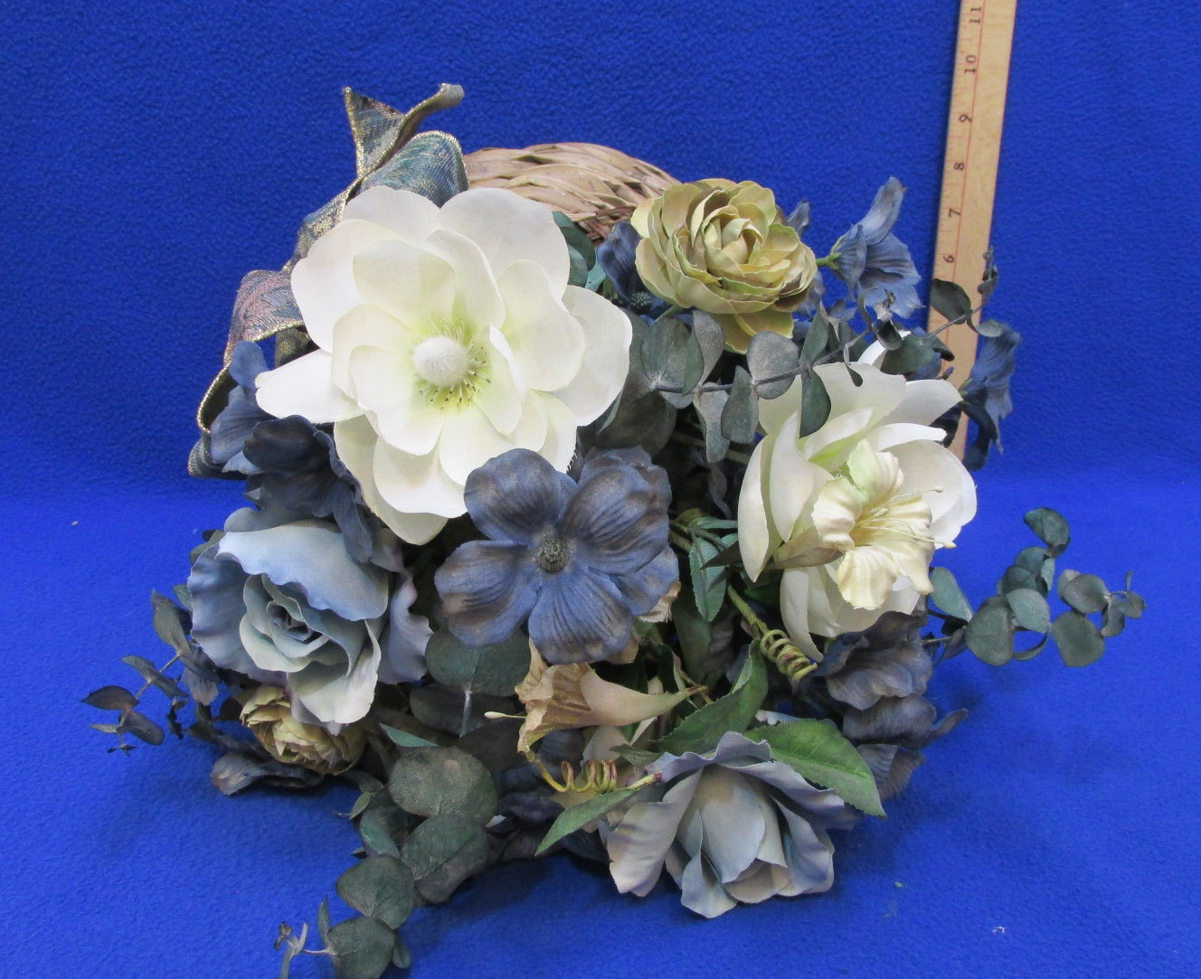 Blue Floral Arrangement In Basket Roses Magnolias Eucalyptus Bow w/ Coffee Cup