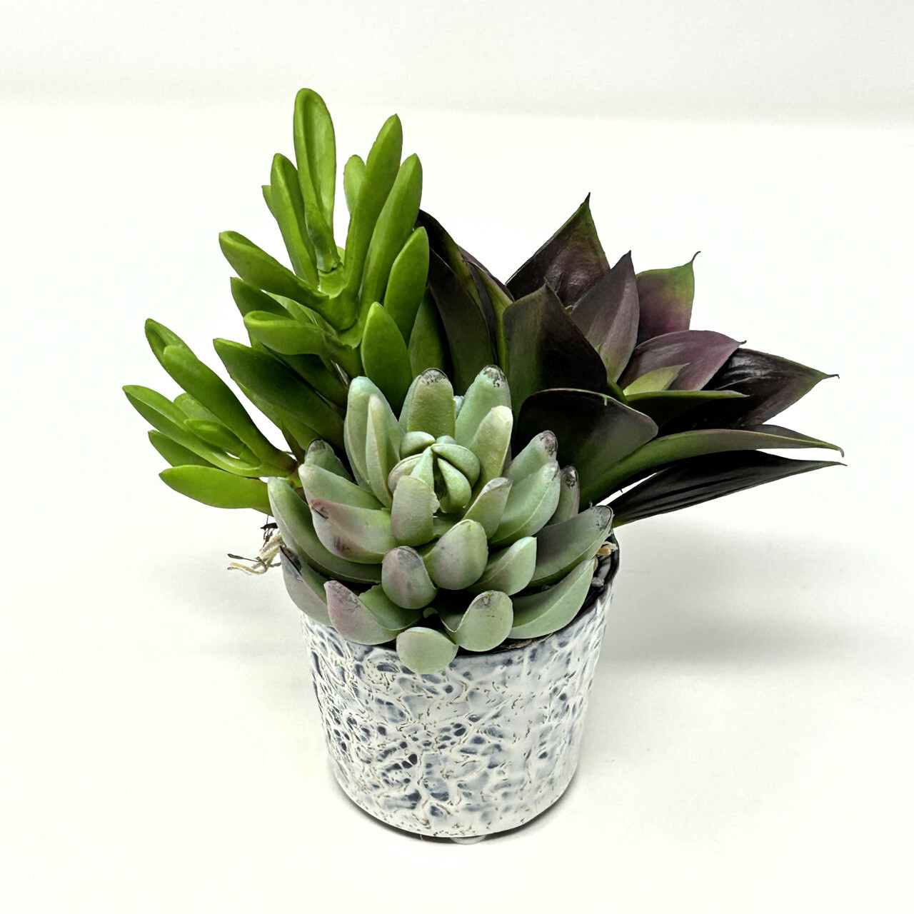 Mini 6″ Artificial Purple & Green mixed Succulent Garden #13, Blue Stone Ceramic