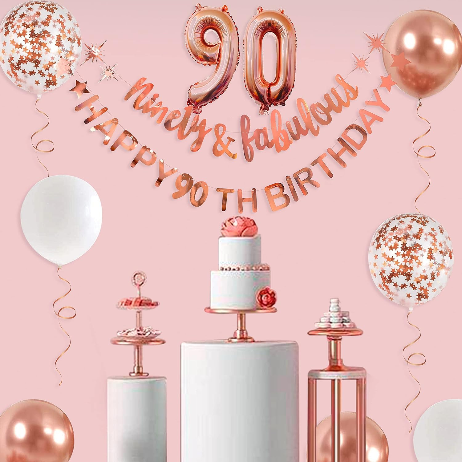 Rose Gold Ninety & Fabulous Happy 90Th Birthday Banner Garland Foil Balloon 90 f