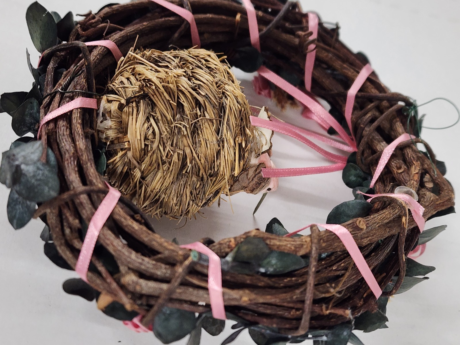 Vintage Small Bird Nest Wreath Wall Hanging Cottagecore Floral Pink Ribbon