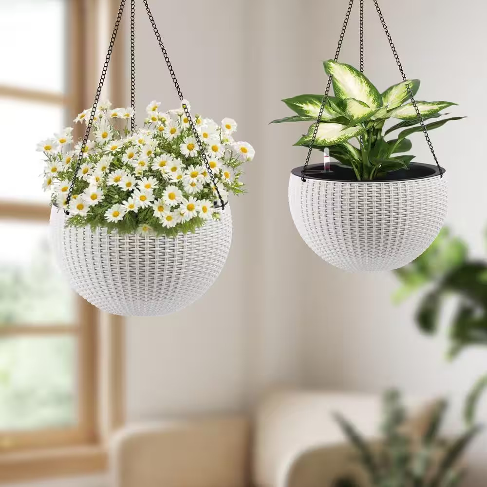 13.4 In. Dia White Plastic Hanging Basket, Dual-Use for Indoor and Outdoor Decor