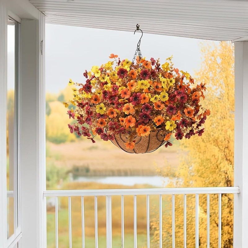 Artificial Hanging Flowers Basket Faux Silk Mums Eucalyptus Fall Decor New