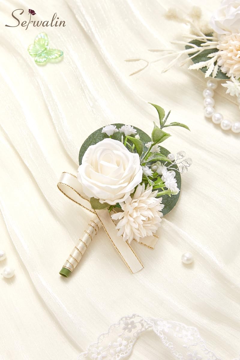 White Rose Boutonniere And Wrist Corsage Set For Prom Wedding Party Men