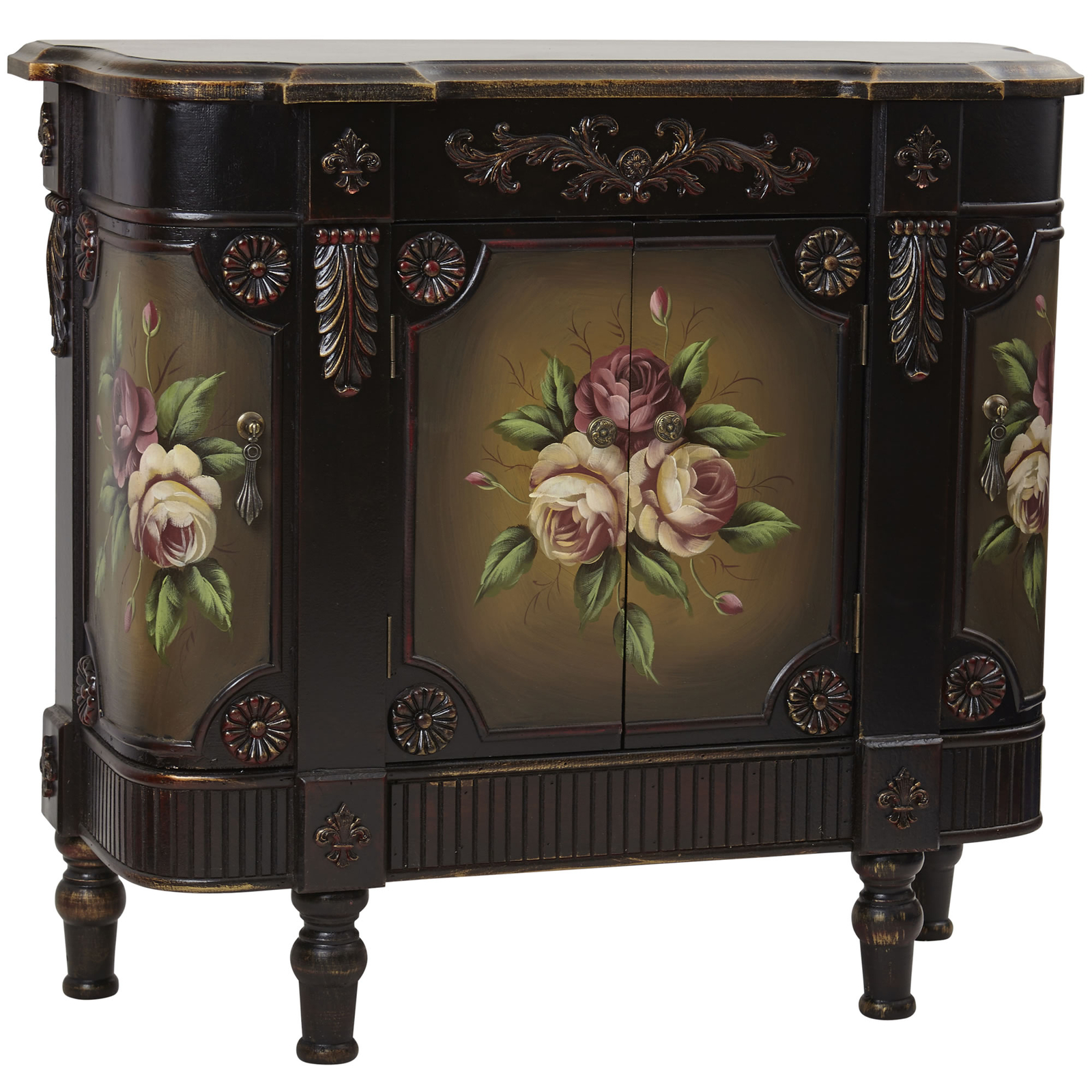 French Vintage Style Floor Cabinet 4 Door Storage 28 Tall Brown