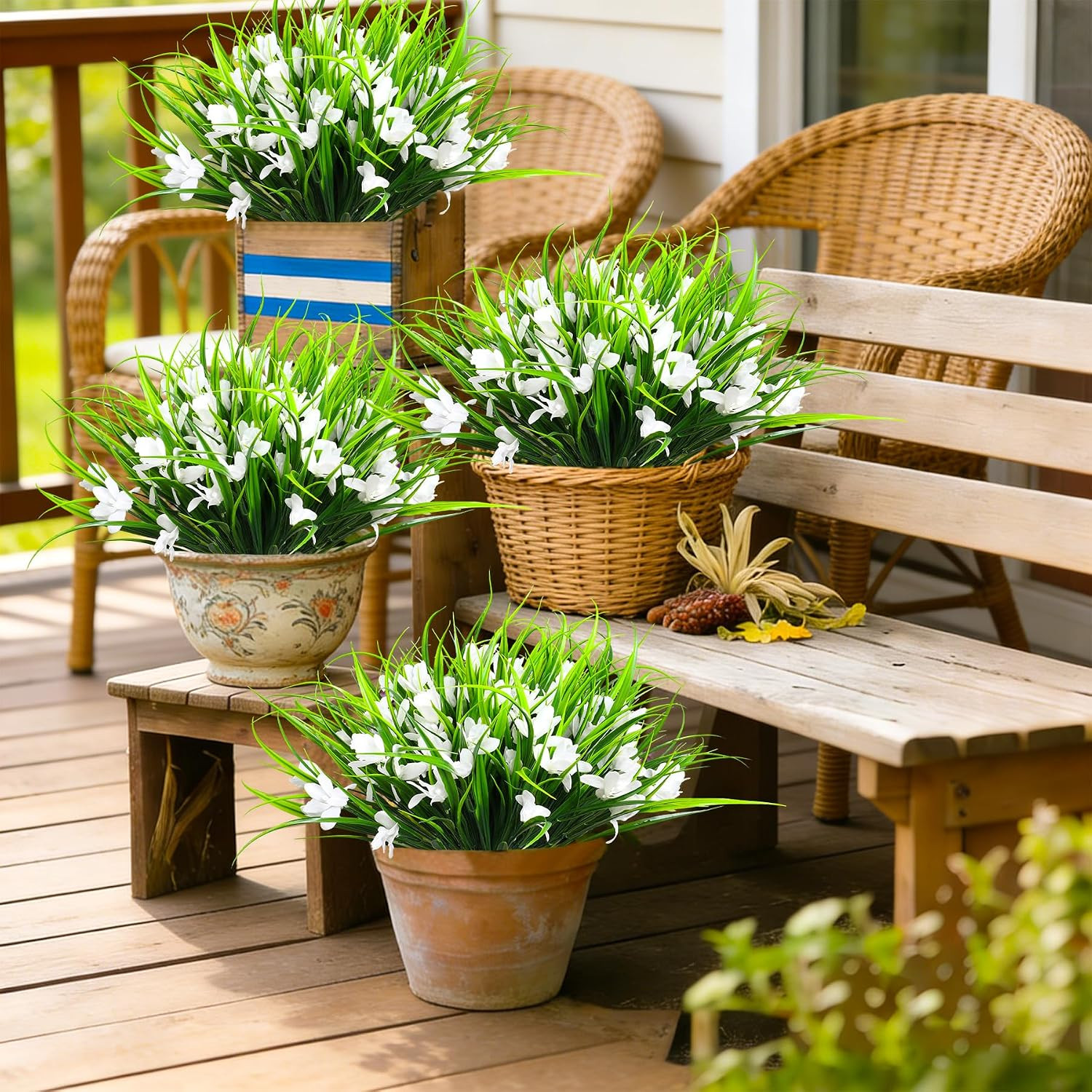16 Bundles UV Resistant Fake Monkey Grass Flowers for Outdoor Planters, White