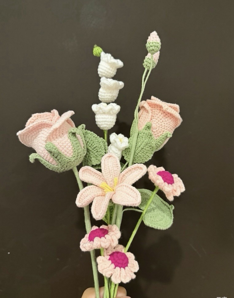 Crochet Flower Bouquet Handmade Rose Lily Daisy Of The Valley Knitted Flowers