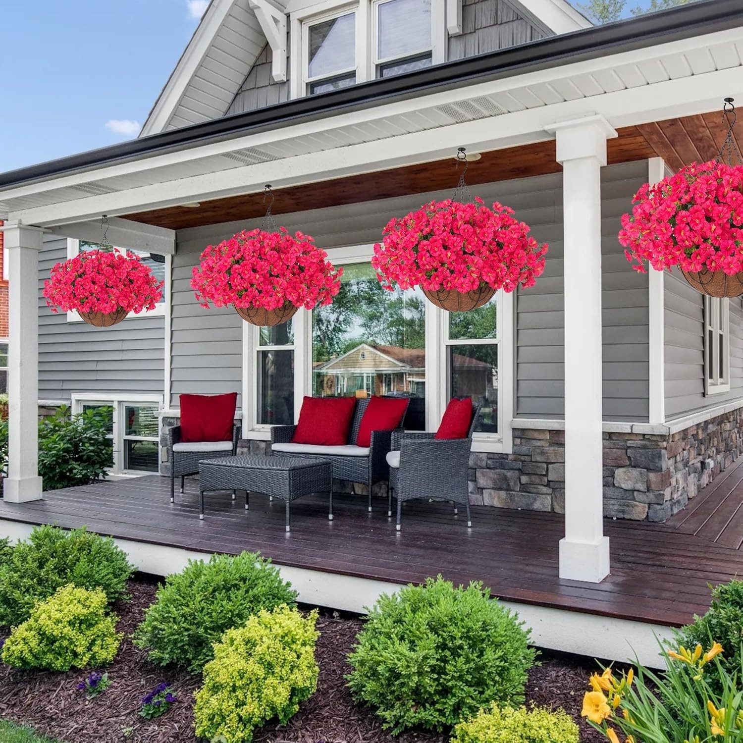 Artificial Faux Hanging Plants Flowers Basket for Outdoor Outside Spring Summer