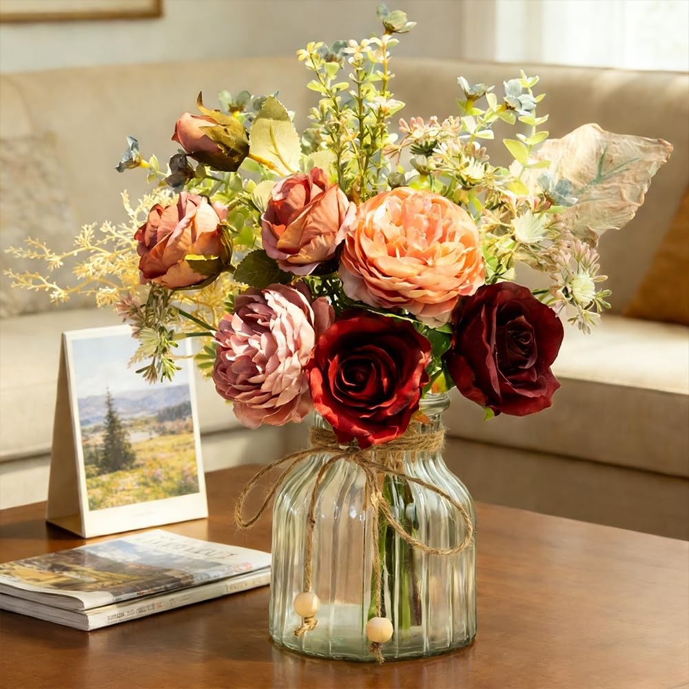 Fake Artificial Flowers with Vase Faux Silk Flower Bouquet in Glass Vase Rose…